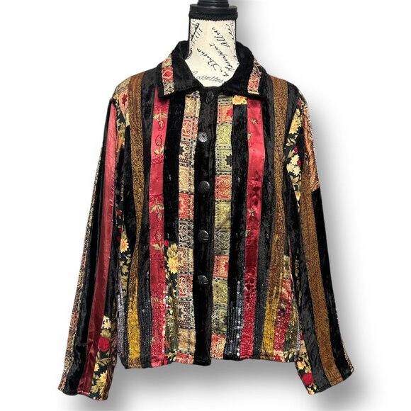 Coldwater Creek PXL Velvet Ribbon Sequin Jacket Boho Patchwork Tapestry Artsy - Picture 1 of 8